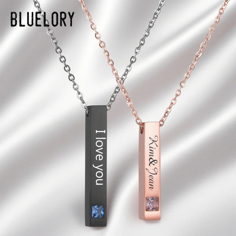 

Bluelory Custom Engraved Name Vertical Bar Lover Necklace Stainless Steel Personalized Date Color Stone Women Men Jewelry Gift