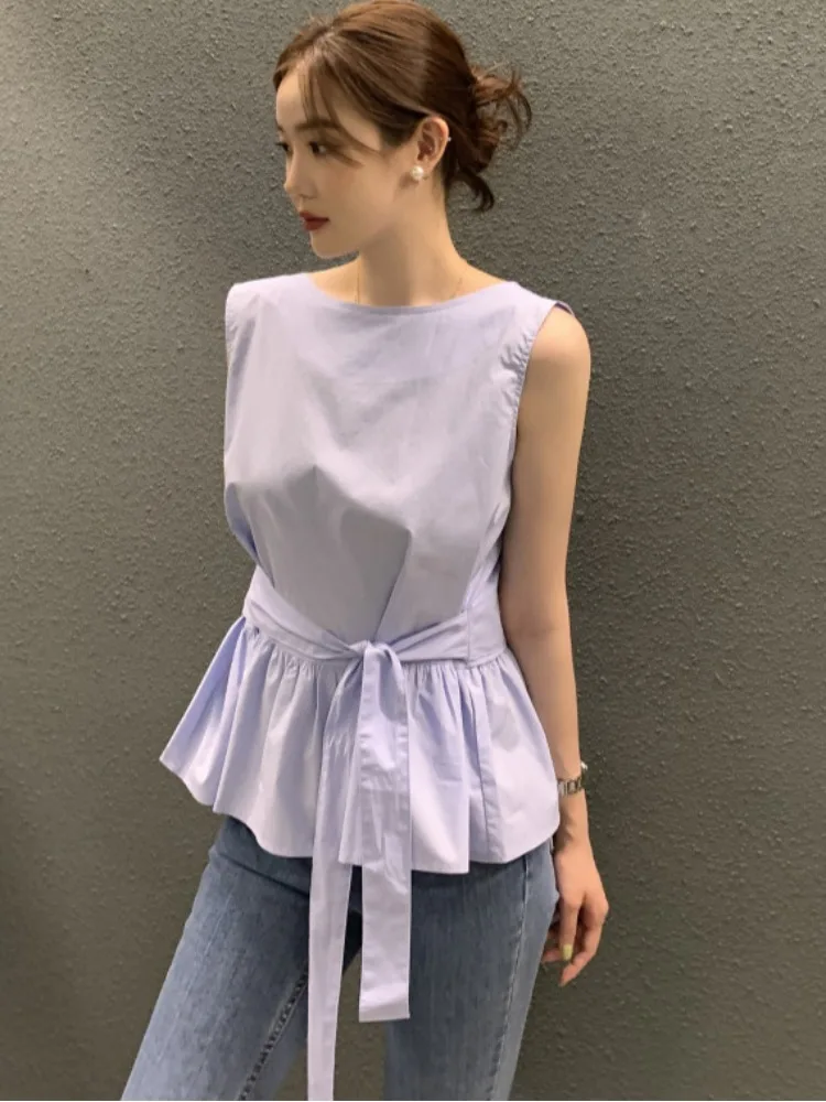 

Chic Summer Gentle Personali round Ne Ribbon Waist Slimming Splice Lace Svel Vest irt Women's Faion Top