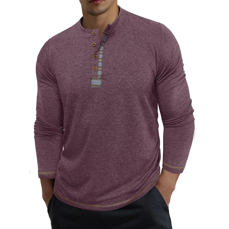 Men's T-shirts Round Neck Long Sleeve Tough Guy Henry T-shirt Autumn and Winter Four-button Mens Base Shirt