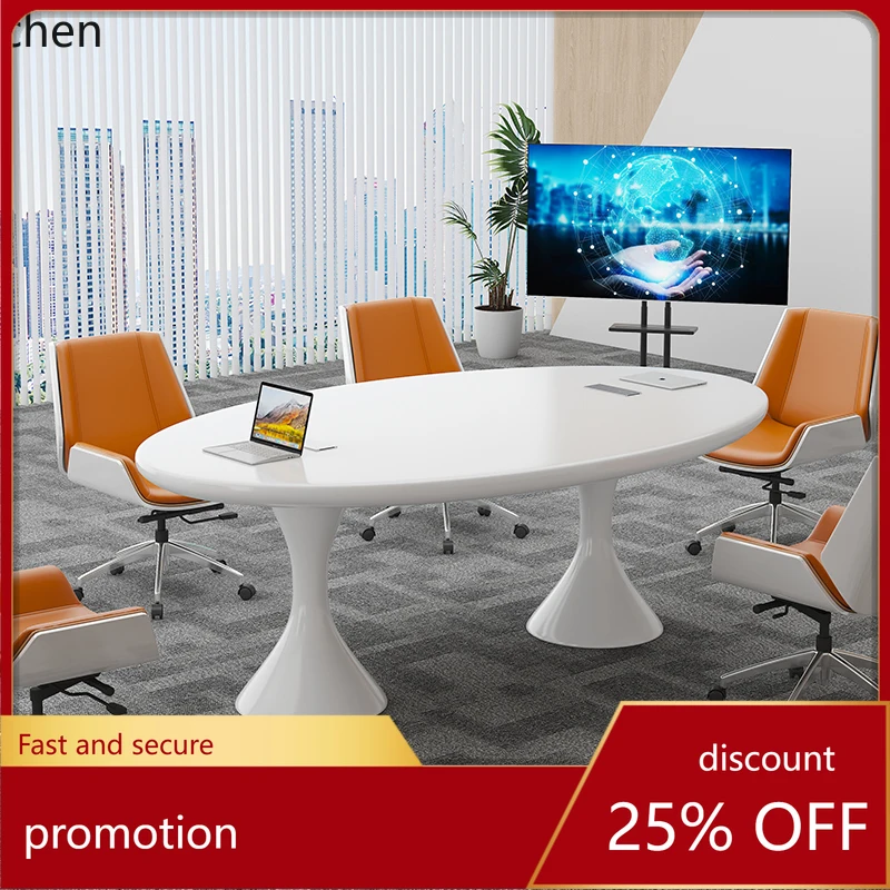ZML White Conference Long Table Lacquered Oval Discussion Table and Chair Set Training Table