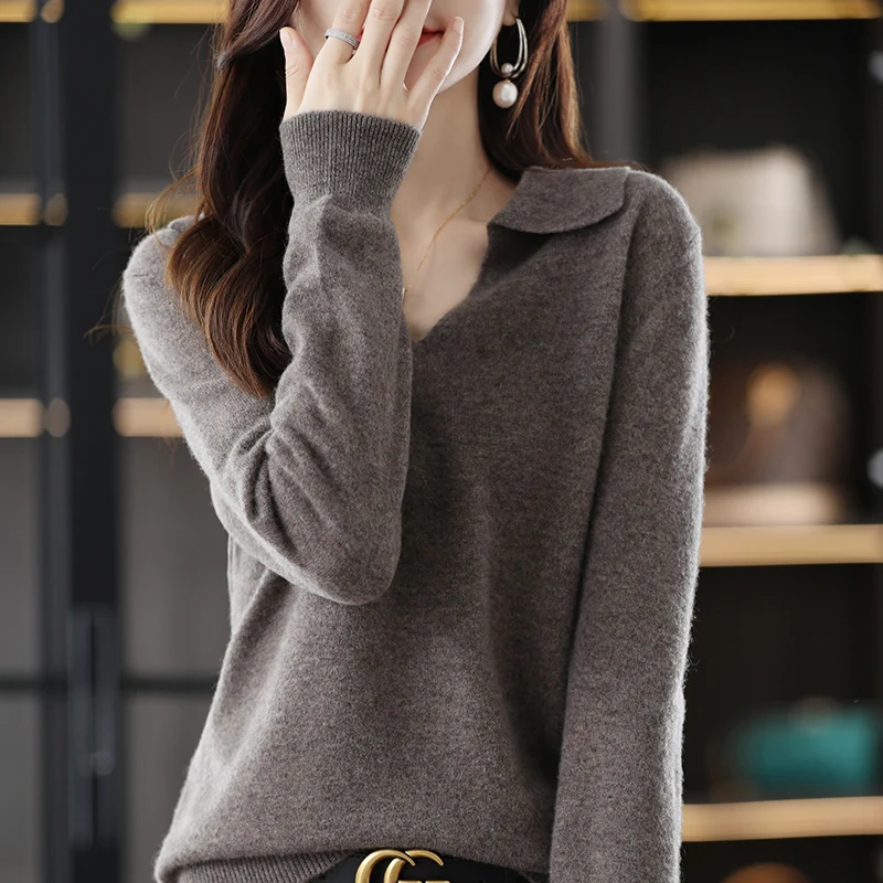 100% Wool Cashmere Sweater Women\'s 2022 Autumn And Winter New Lapel High-Grade Sweater Knitting Loose Set Head Short Top S-XXL