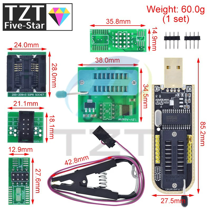 TZT CH341A CH341B 24 25 Series EEPROM Flash BIOS USB Programmer Module + SOIC8 SOP8 Test Clip For EEPROM 93CXX / 25CXX / 24CXX