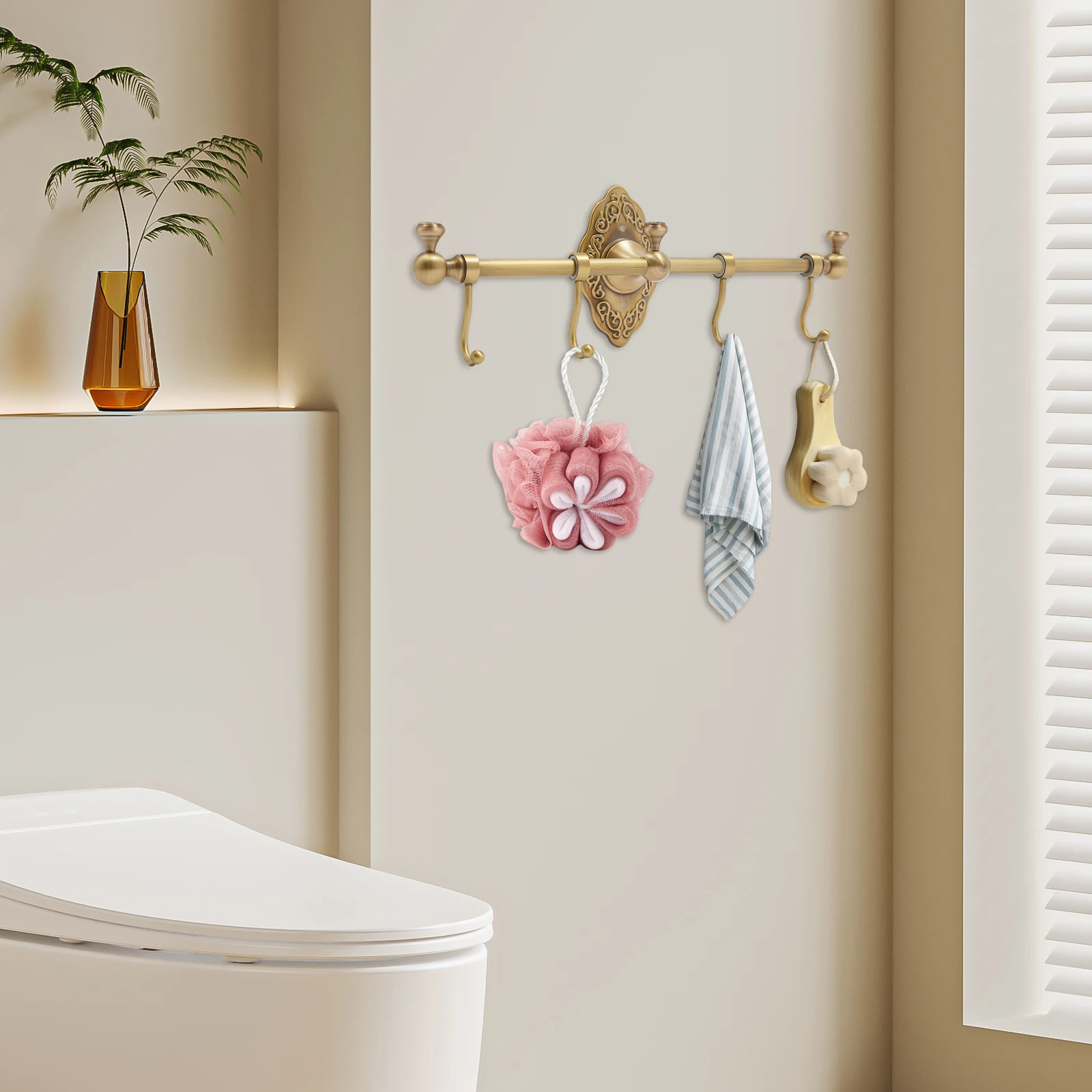 

Wall-Mounted Towel Rack With Hooks, Retro Gold Towel Rack For Bathroom, Used To Hang Towels, Bath Towels, Bath Balls, Ect