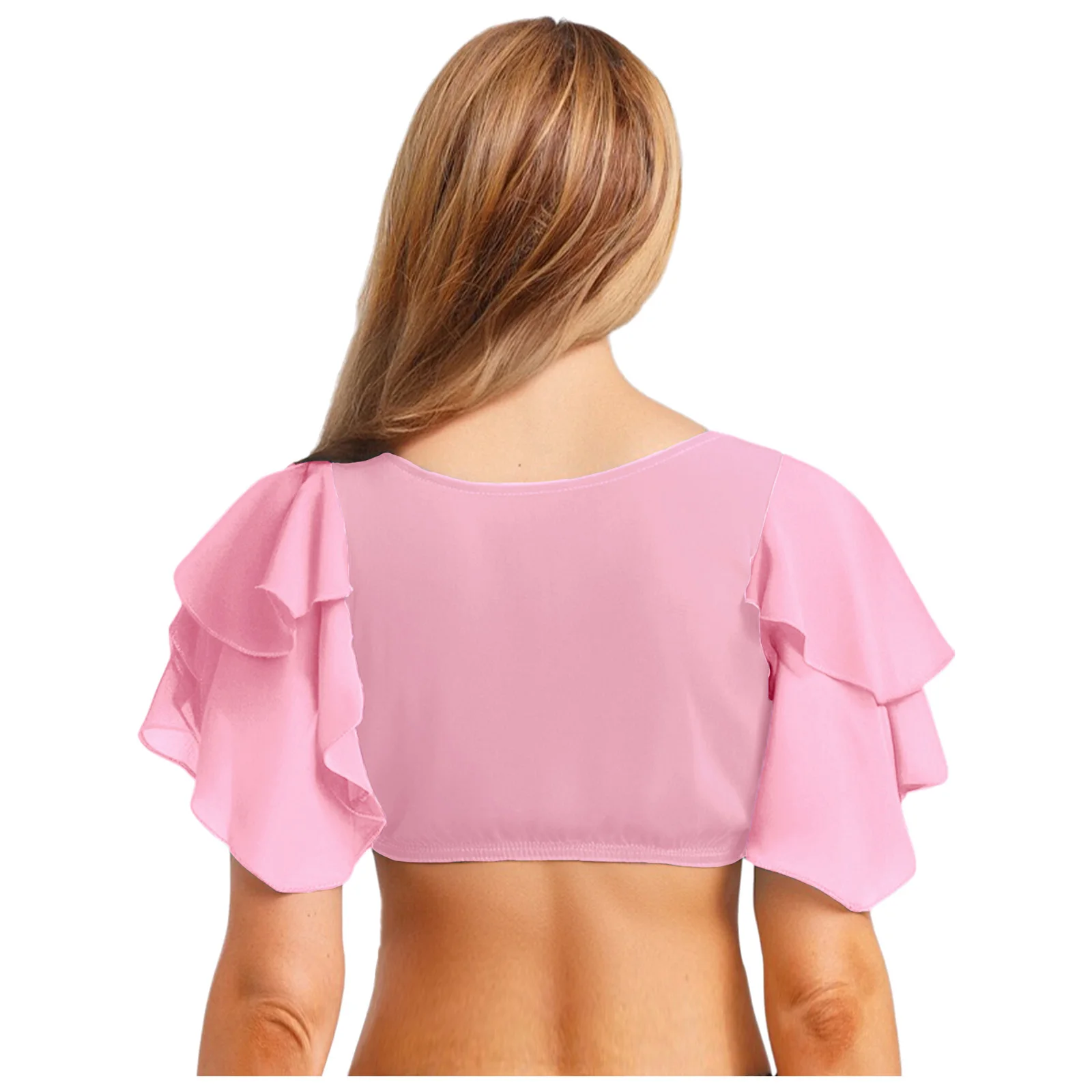 Womens Indian Belly Dance Crop T-shirt Ethnic Dance Performance Costume Crop Top Tiered Lotus Sleeve Tassel Pullover Blouses