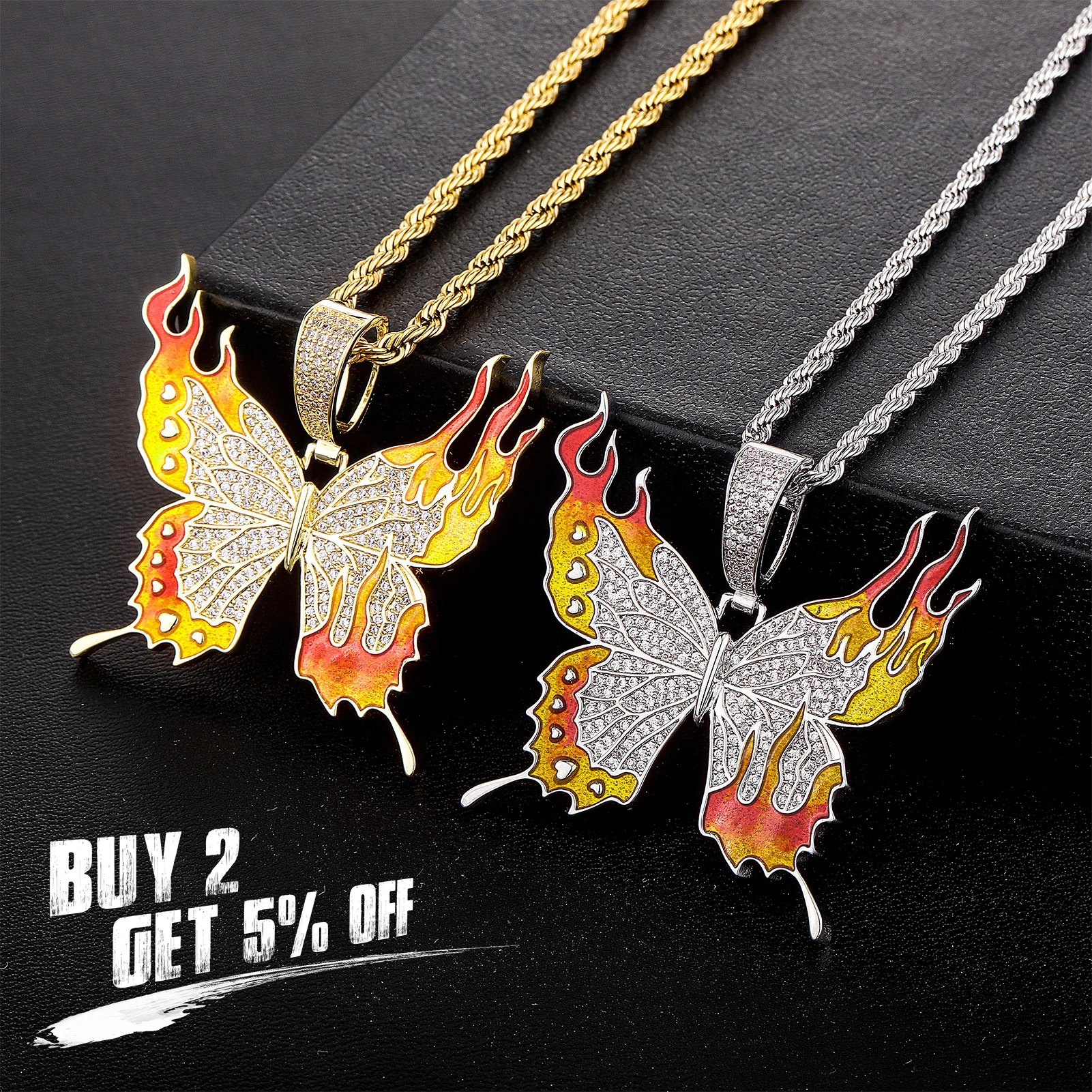 JINAO Dripping Oil Flame Wings Design Butterfly Pendant&Necklace High Quality Ice Cravejado AAA+ CZ Men and Women Jewelry