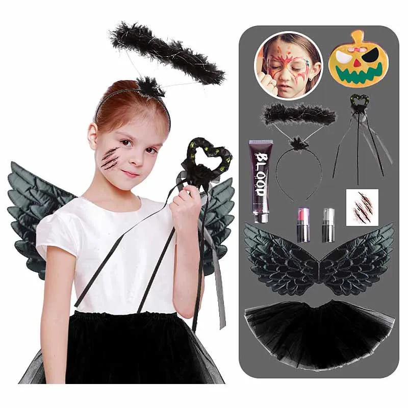 New Halloween Witch Devil Black Wings Cow Horn Headdress Hair Band Set Children Halloween Cosplay Role-playing Accessories Props