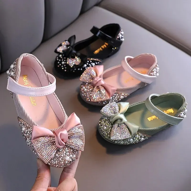 Skórzane buty dziecięce Rhinestone Bow Princess Girls Party Dance Shoes Baby Student Flats Kids Performance Shoes D785