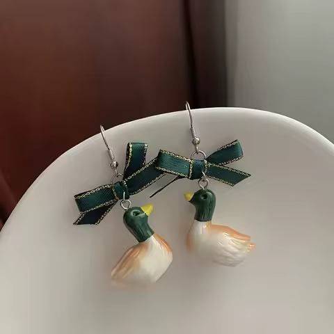 Unique Mandarin Duck Green Bow Dangle Earrings Funny Handmade Jewelry Animal Hook Earrings Ideal Gift for Her