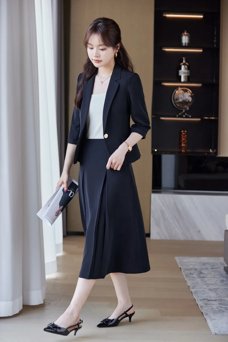 Women\'s Business Formal Blazer and Skirt Suit, Office Ladies Work Clothes, Black, Spring Fashion, New