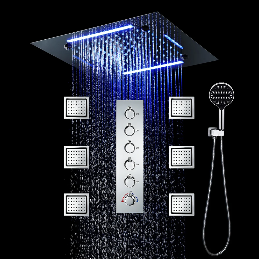 

Qlonn Luxury 5 Function Chrome Shower Set 20 Inch LED Lighting Rainfall Shower Head Smart Thermostatic Diverter Large Body Jet