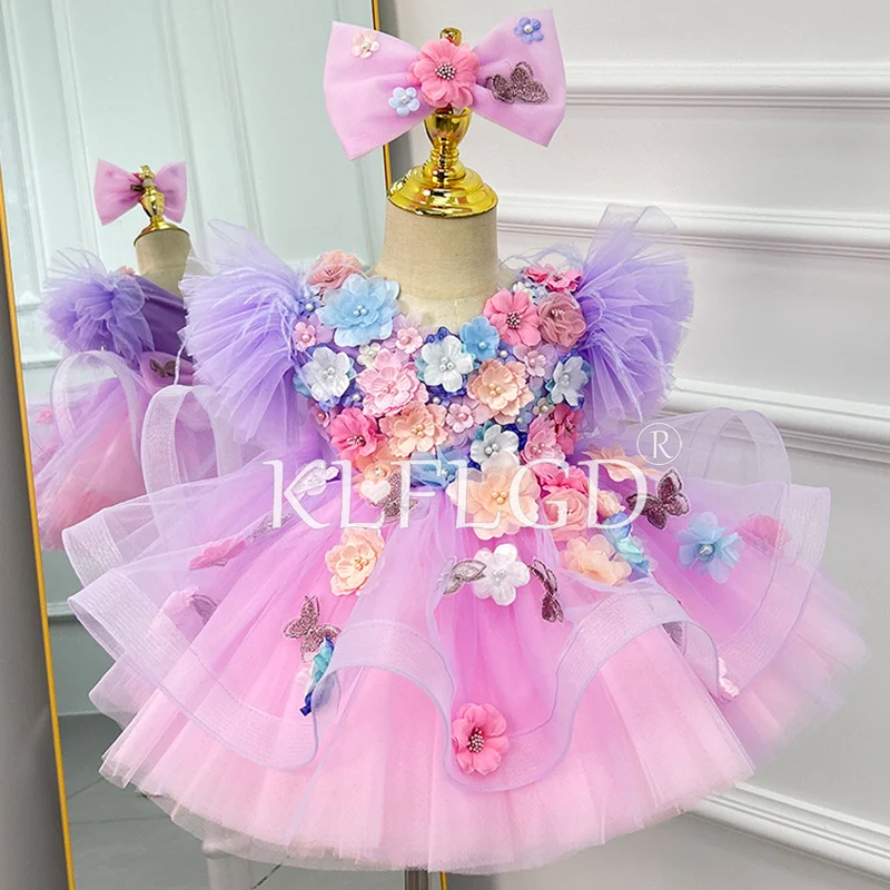 New Flower Children's Wedding Dress for 2-8 Years Old, Tulle Embroidered Applique Puffy Skirt Short Girls Luxury Party Dress
