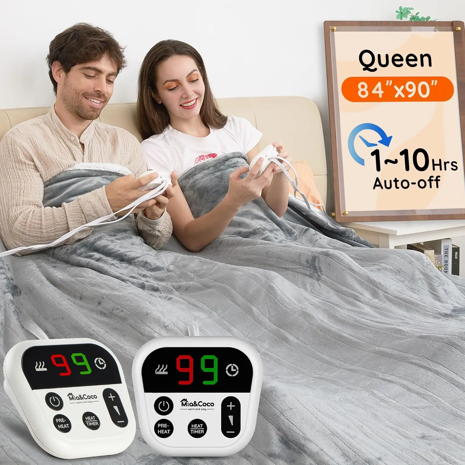 

Электрическое одеяло Queen Size 84x90 из фланели с двойным управлением, 10 уровнями нагрева, автоматическим отключением и быстрым нагревом для дома и офиса - серое