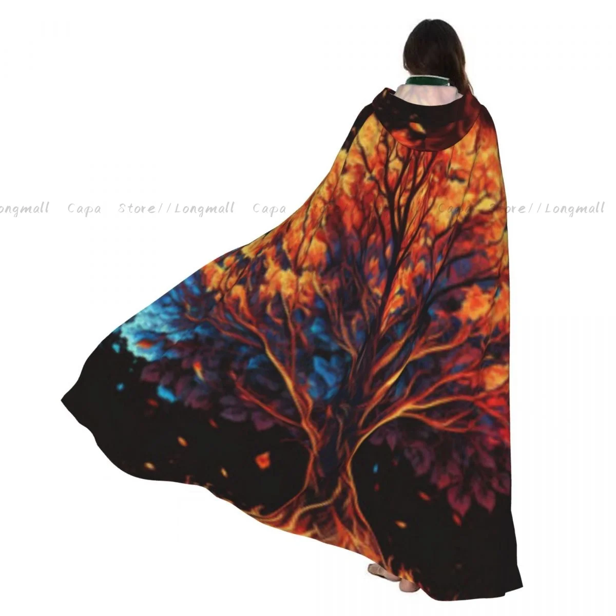 

Adult Vampire Cape Hooded Robe Fiery Tree Background Halloween Cloak Full Length Cosplay