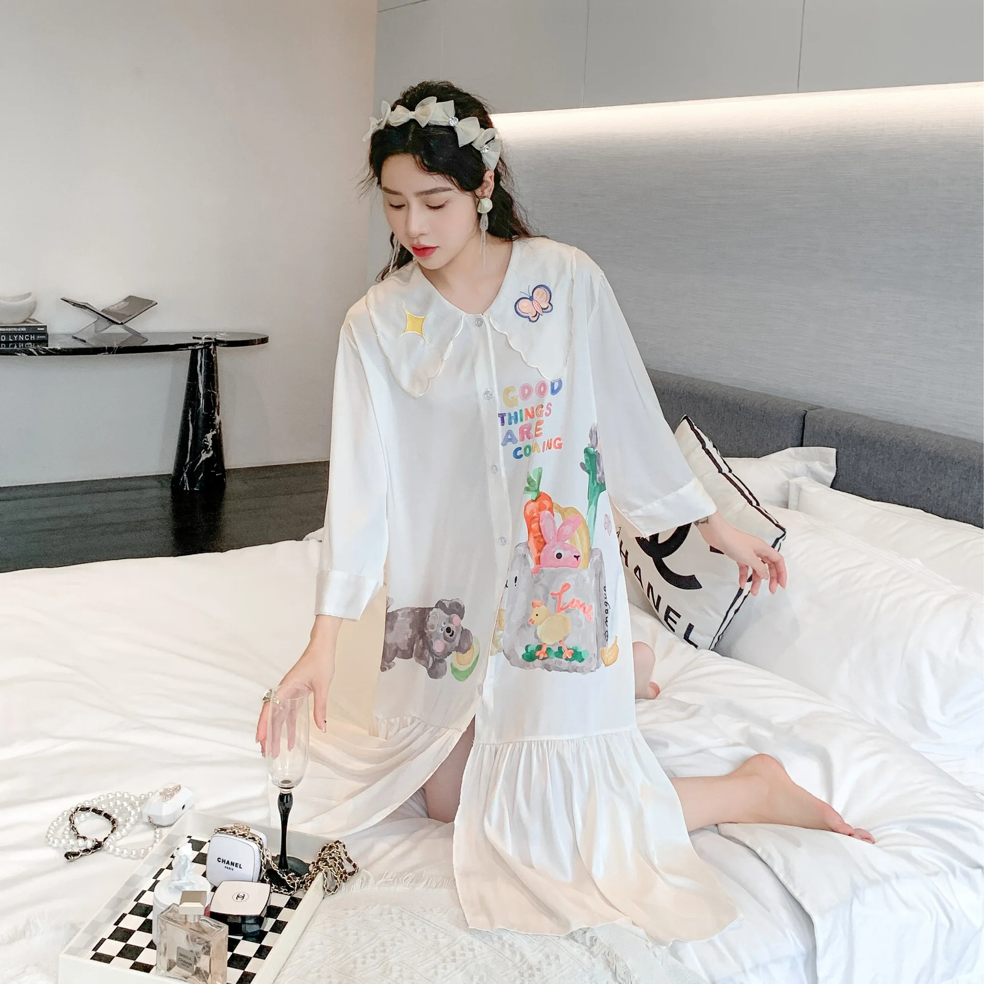 Sweet Women Nightgown Sleepshirt Gown 2023 New Nightdress Silky Satin Sleepwear Summer Casual Rayon Home Dress Loungewear image 2