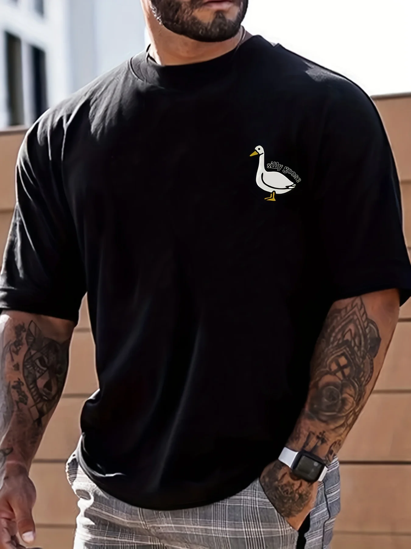 Minimal Animal Mens Crew Neck Cotton T Shirt Silly Goose Chest Cartoon Goose Print Short Sleeve Cute Casual Street Fashion Top