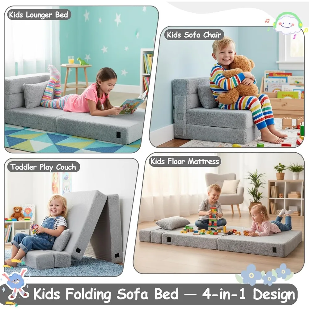 Convertible Folding Chair Bed Sleeper for Toddlers with Storage, Child Sofa Couch Futon, Fold-Up Mattress Bed for Kids
