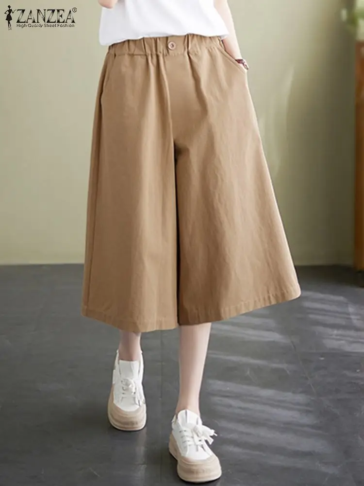 

ZANZEA 2024 Summer Short Trousers Korean Wide Leg Capri Pant Women Solid Pockets Elastic Waist Vintage High Waist Baggy Pantalon