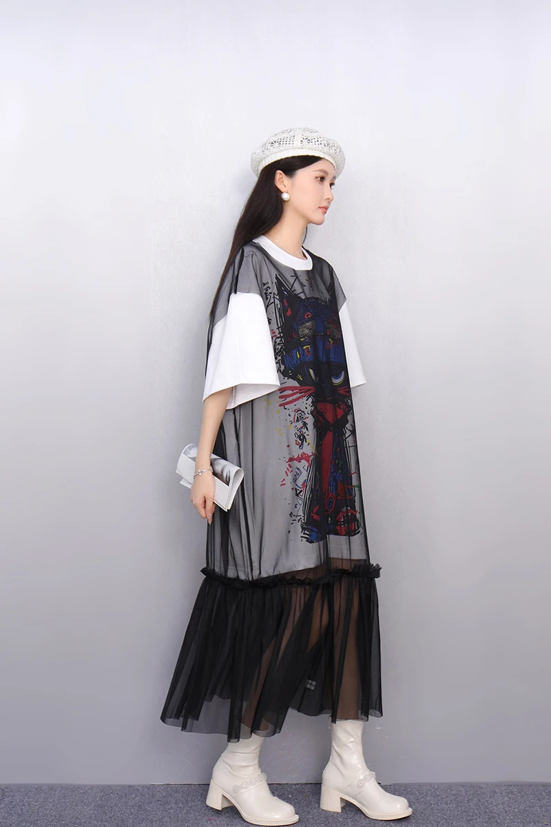 2025 夏のファッションエレガントなルーズメッシュロング Tシャツドレス女性半袖ドレスレディース卸売 J1124