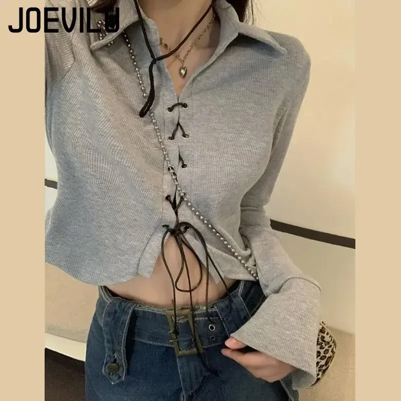 JOEVILU Bandage T-shirt Polo Neck Irregular CropTop Babes Korean Slim Long Sleeve Tee Vintage Gothic Y2k Clothes Skinny Shirt