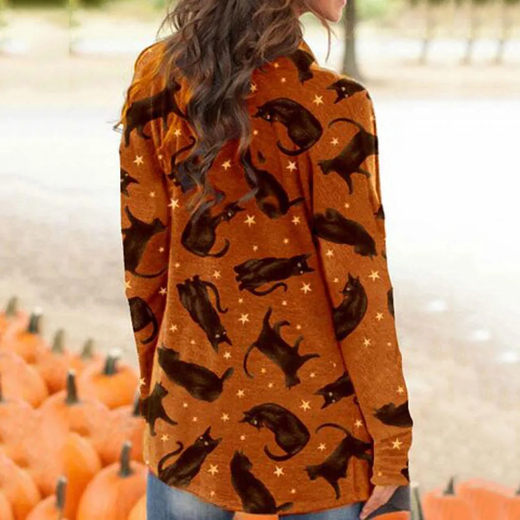 Women Halloween Cardigan Animal Cat Pumpkin Print Cardigan Coat 2024 Halloween Party Cardigan