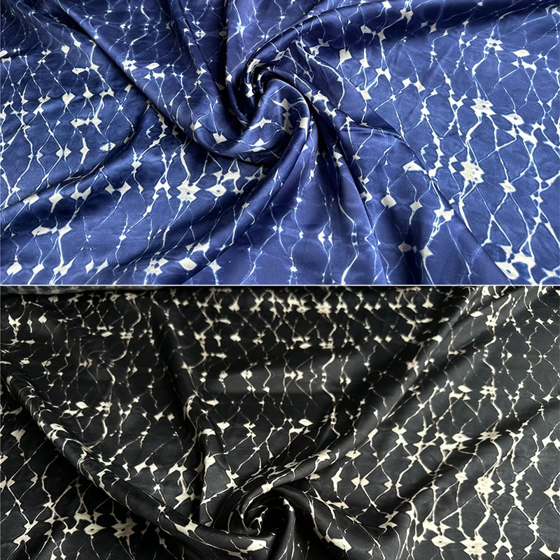

1 meter 100% Mulberry Silk 21 momme Charmeuse Silk Fabric Navy Black Wave Printed 138cm 54" wide by the yard JJ662