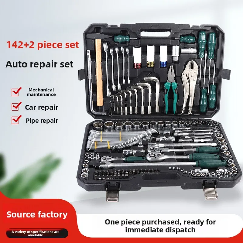 142 + 2 Piece Auto Repair Tool Set with Ratchet Wrench, Chrome Vanadium Steel Mechanic Tool Kit with Sockets, Combination