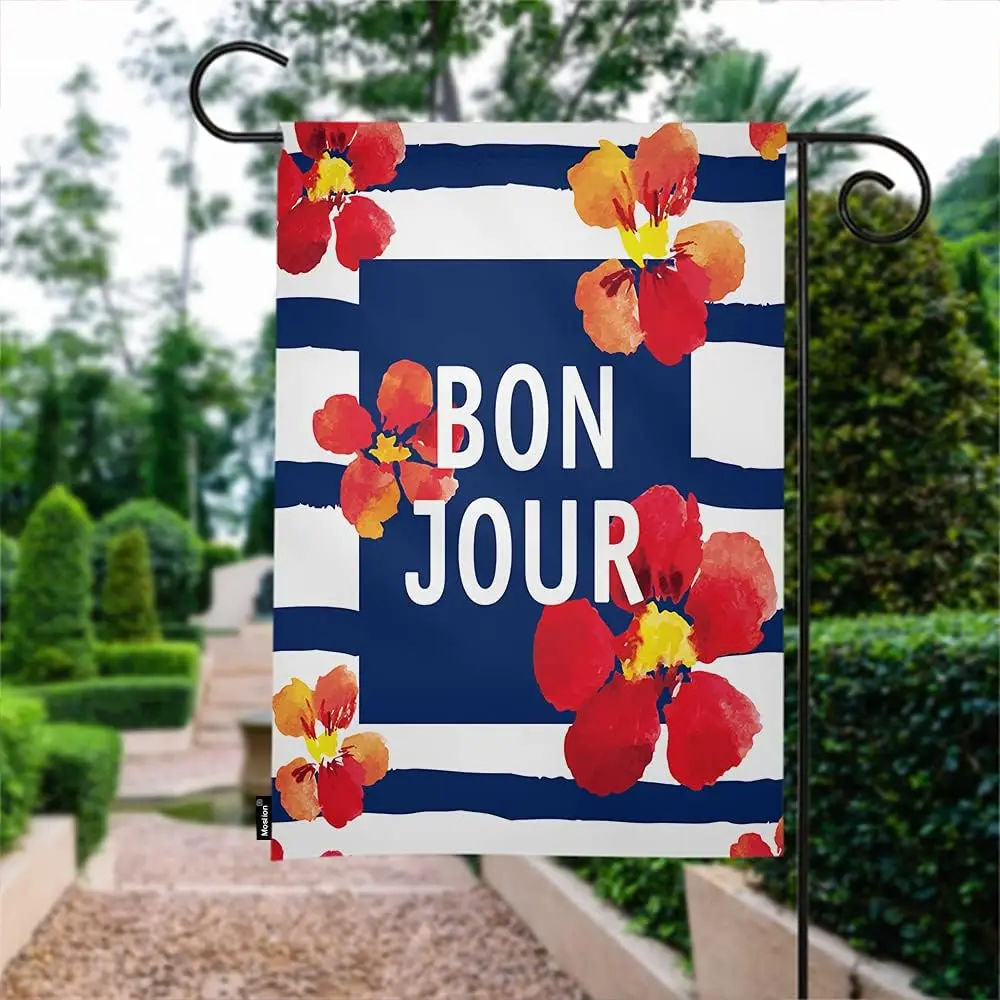 Moslion Floral Garden Flag Red Flowers with French Word Bonjour in Nautical Navy Blue Stripes Flags Double-Sided Banner Welcome