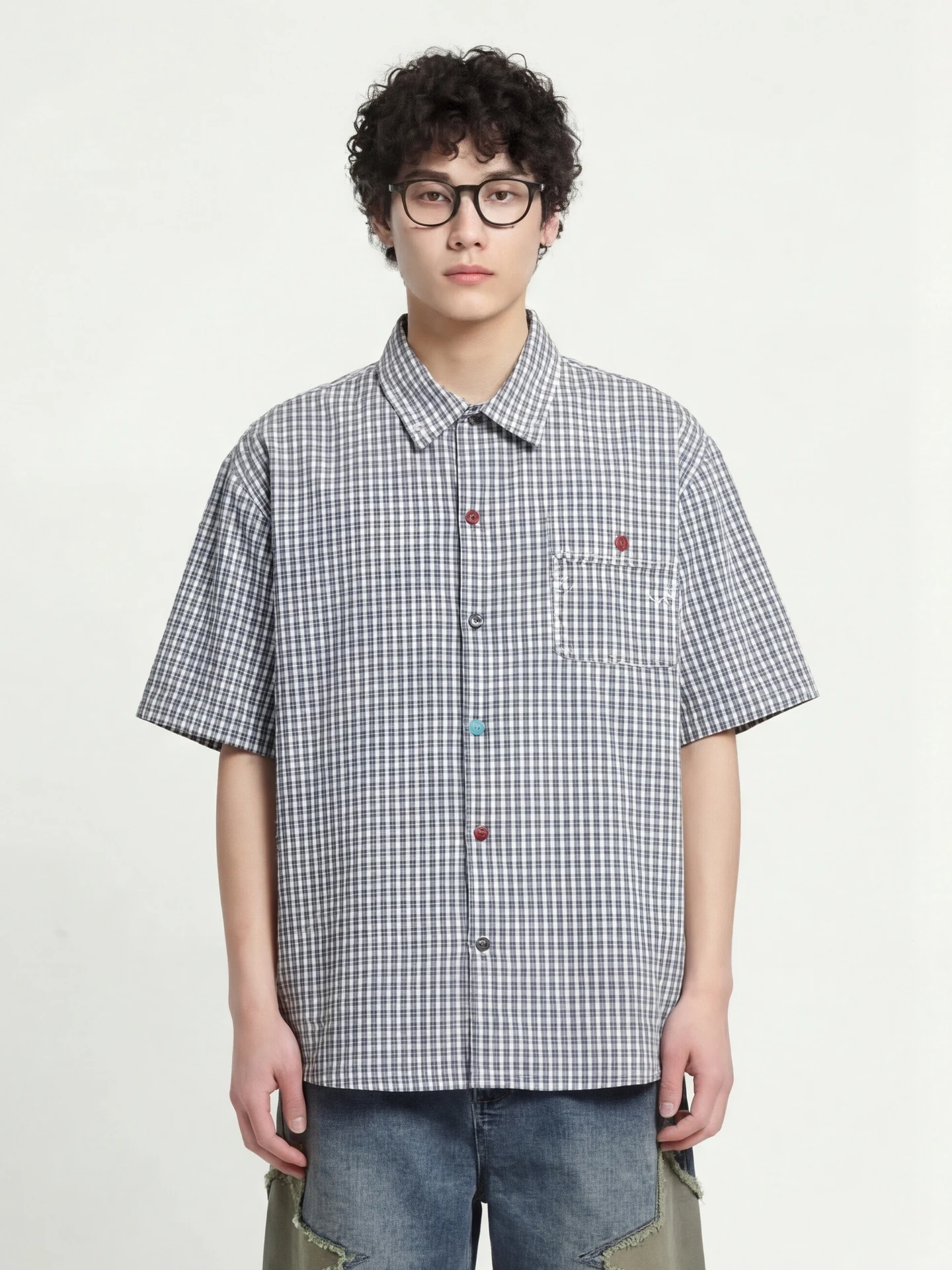 

Loose Casual ort Sve irt from Button Retro Plaid ex Summer irt Breathable Polyester Fiber Youth Fa...