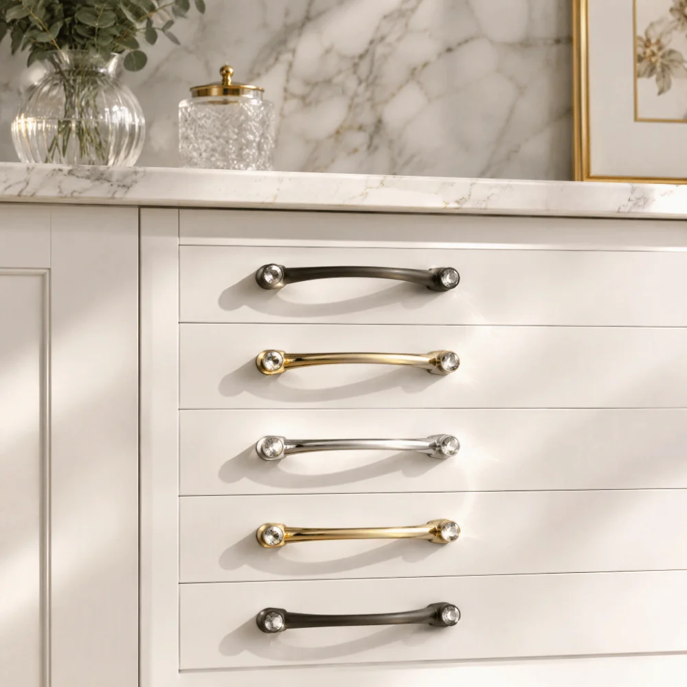 Zinc Alloy Cabinet Handles Crystal Accent Screws Included Wardrobe Handles Gold Finish Light Luxury Style Drawer Pulls