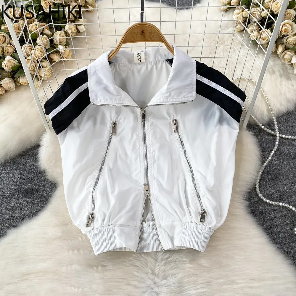 KUSAHIKI Fashion Striped Sleeveless Women Jacket Vintage Zippers Turn-down Collar Elegant Short Waistcoat Causal Cardigan Tops