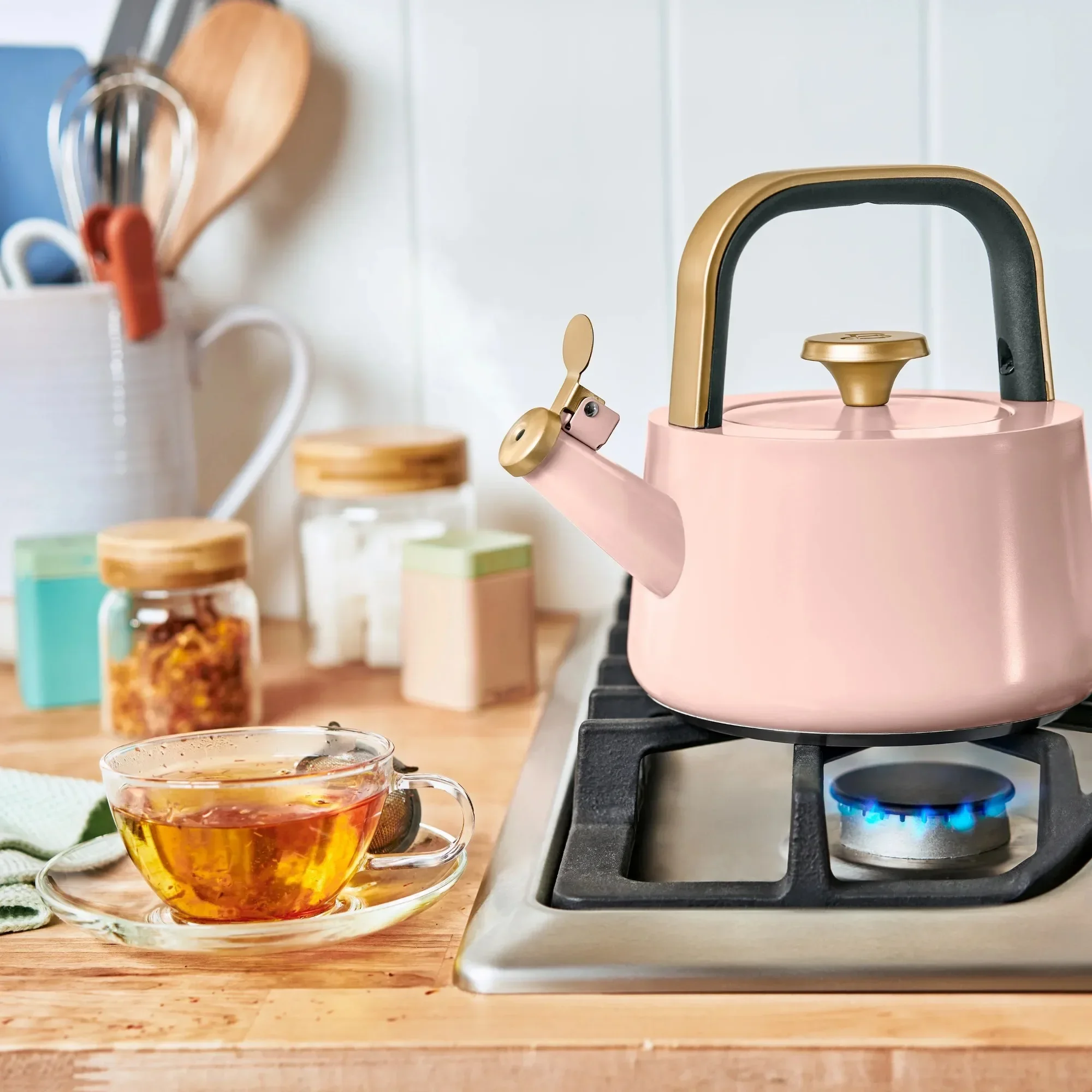 Ceramic Tea Kettle, 1.8L Rose Gold Whistling Stovetop Pot for Induction, Fast Heating & Stay-Cool Handle