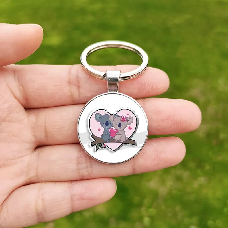 Cartoon Koala portachiavi per donna bambini Lovely Animal Heart Photo Glass Cabochon ciondolo portachiavi in metallo catene regalo di natale