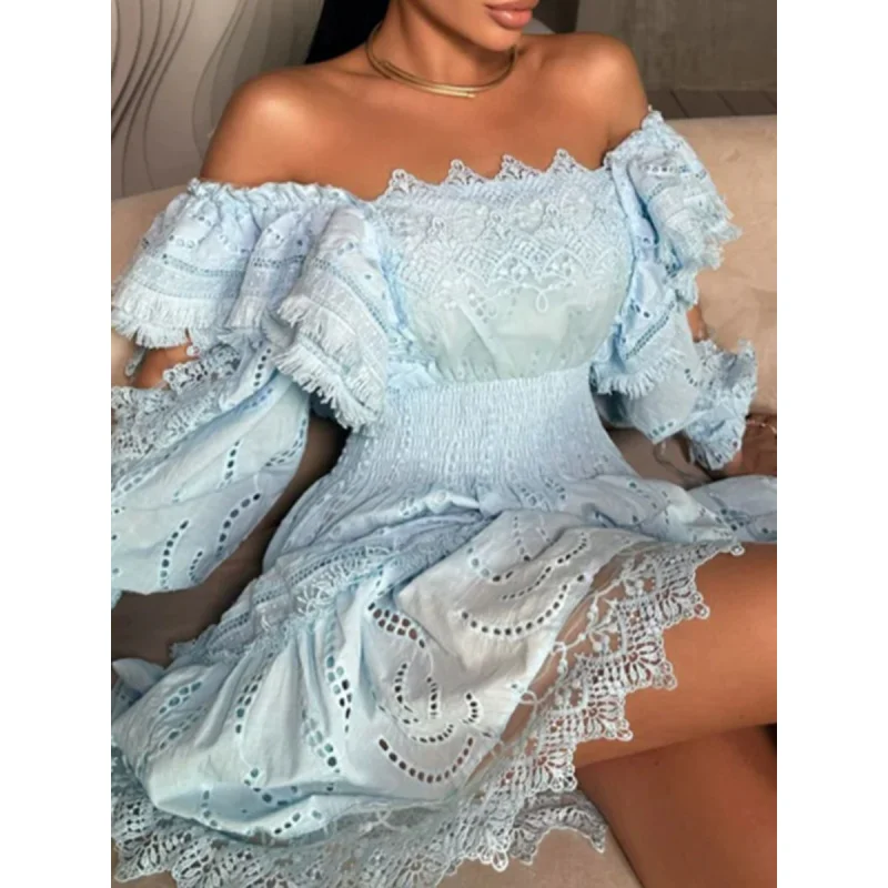 

Zoralea Women Off Shoulder Eyelet Lace Puff Sleeve Mini Dress Multi Color Boho Smocked Ruffle Summer Beach Party Dress