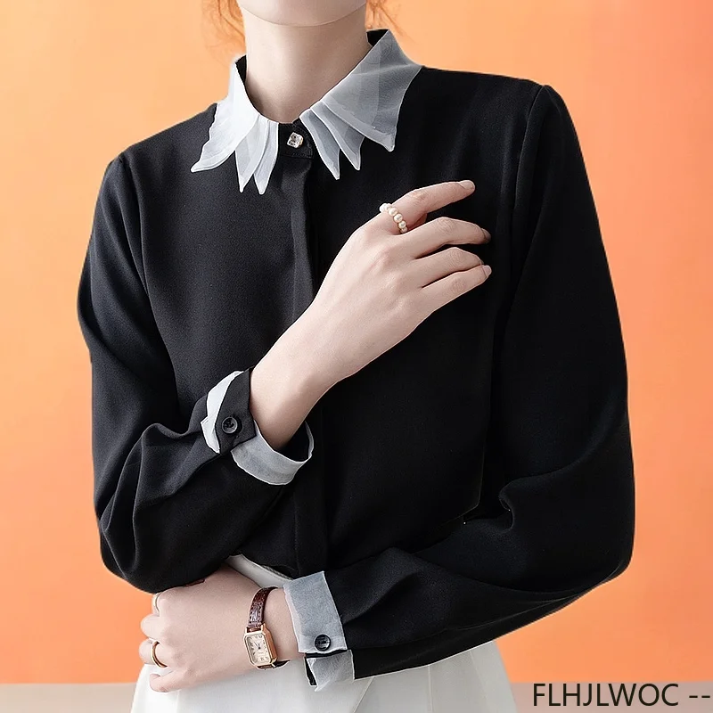 

French Black Polo-Collar Shirt 2025 Spring Summer Chic Korea Design Office Lady Basics Work Long-Sleeve Solid Female Tops