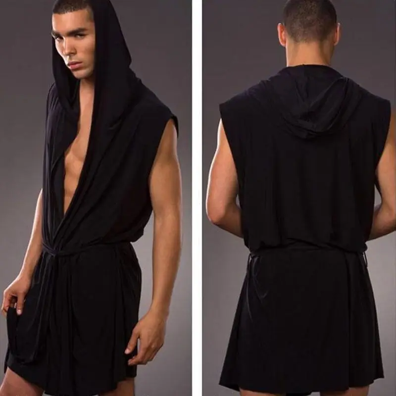 Men\'s New Ice Silk Hooded Sleeveless Sexy Thin Bathrobe Pijama Hombre Comfortable and Breathable Solid Color Bath Robe Gown