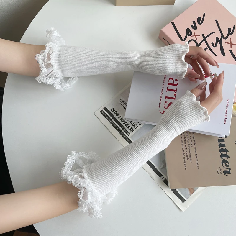 

Fashion Mesh Lace Ruffle Knitted Arm Sleeves Girls Sunscreen Warm Long Gloves For Women Elastic Decorative Hand Sleeves