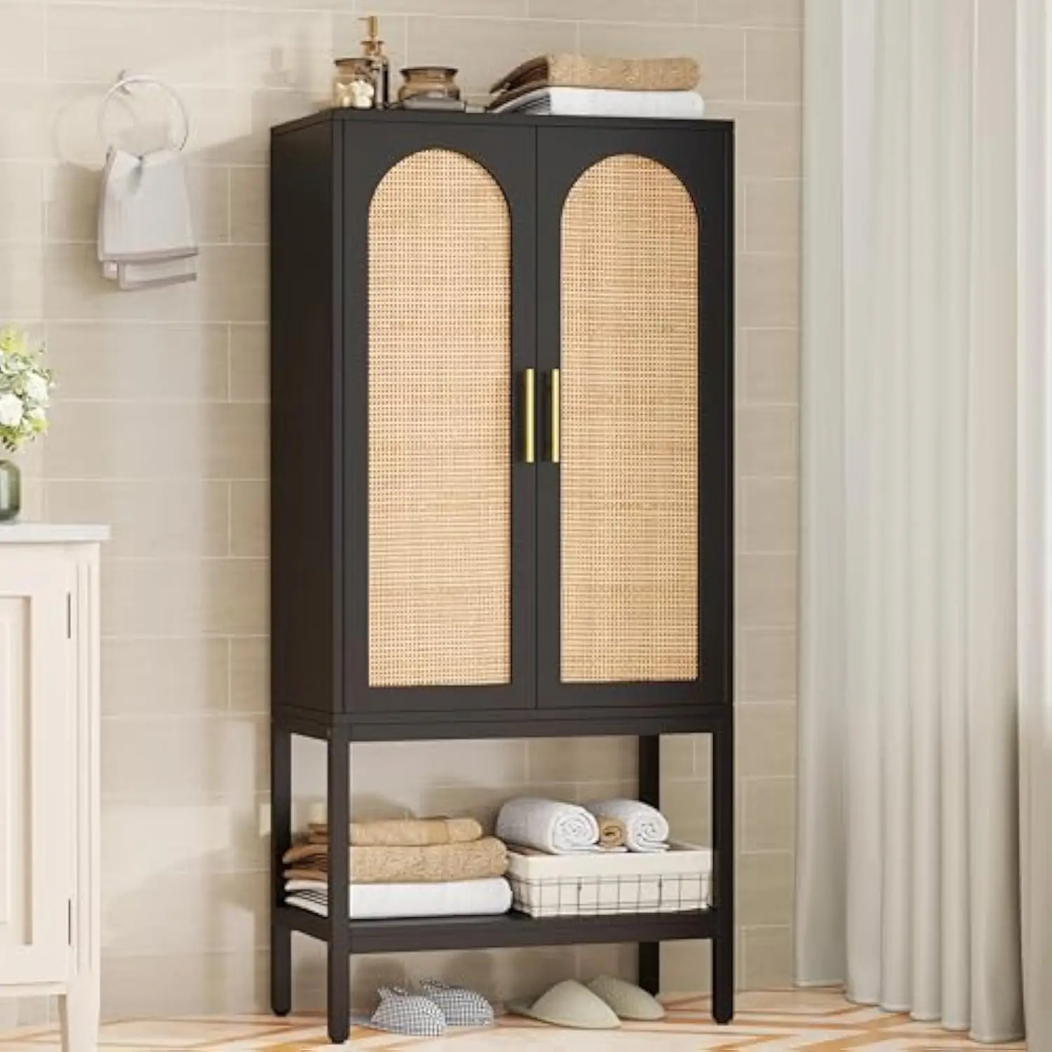 

55.3H Rattan Cabinet with 2 Doors, Bathroom Storage Cabinet with Adjustable Shelf & Open Bottom Shelf, Modern Floor Cabinet for