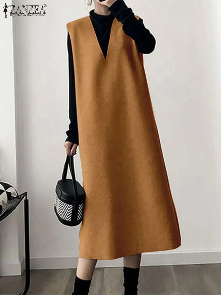 ZANZEA Women Solid Apron Dress 2023 Winter Sleeveless Suspender Skirt Fashion V-neck Long Robe Vintage Corduroy Dress Oversized