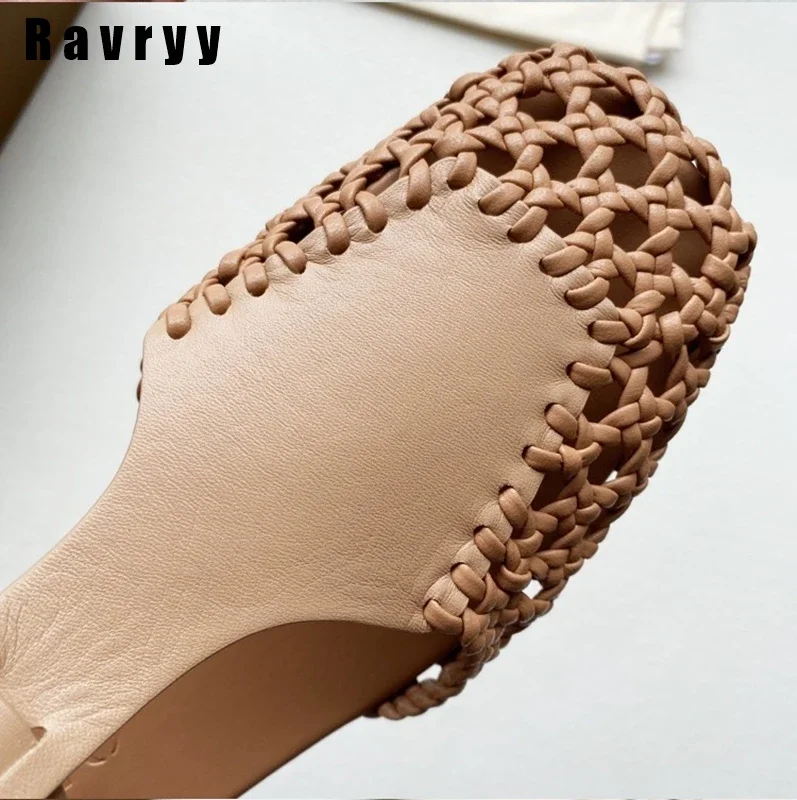 Leather Retro Mary Jane Braided Fisherman Shoes 2023 New Summer Fashion Hollow Roman Shoes Square Toe Breathable Buckle Sandals