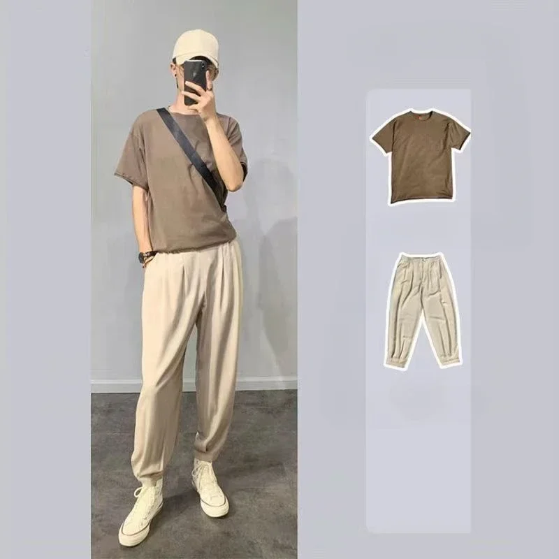 Plain Male T Shirt Trousers Sets Khaki Gym Sportswear Men's Pants Set Nylon Casual Luxury Stylish Chic Regular Fit Slim Baggy Xl