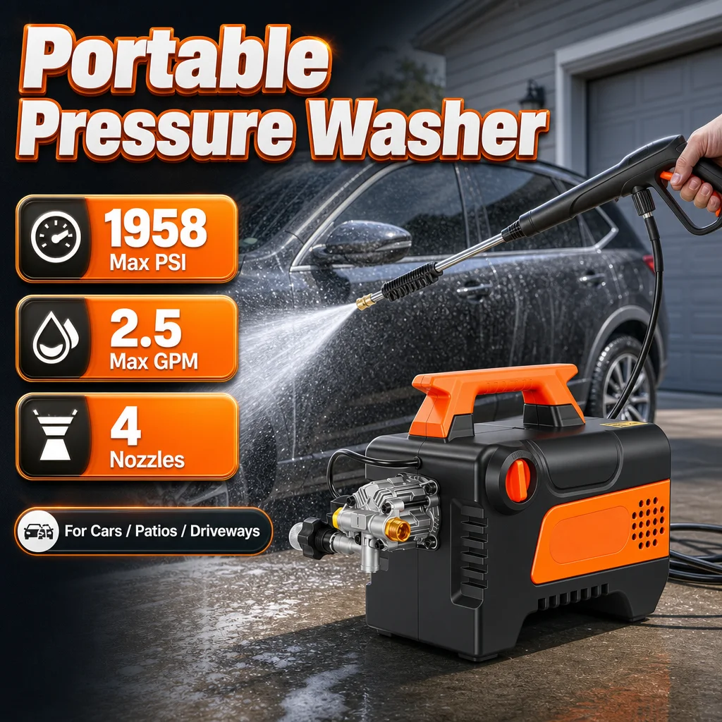 1958 PSI 2.5 GPM Electric Pressure Washer, Commercial 5-Piston Plunger Pump Smooth Flow, Portable Power Washer with 4 Nozzles, Metal Extension Wand, for Cars, Driveways, Patios, Windows, Compact Lightweight Easy Storage