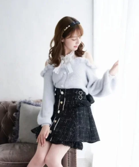 Sweet Lolita Winter Clothes Women Off Shoulder Sweaters Female Student Elegant Long Sleeve Knitwear Bow Lace Waist Slim Sweater