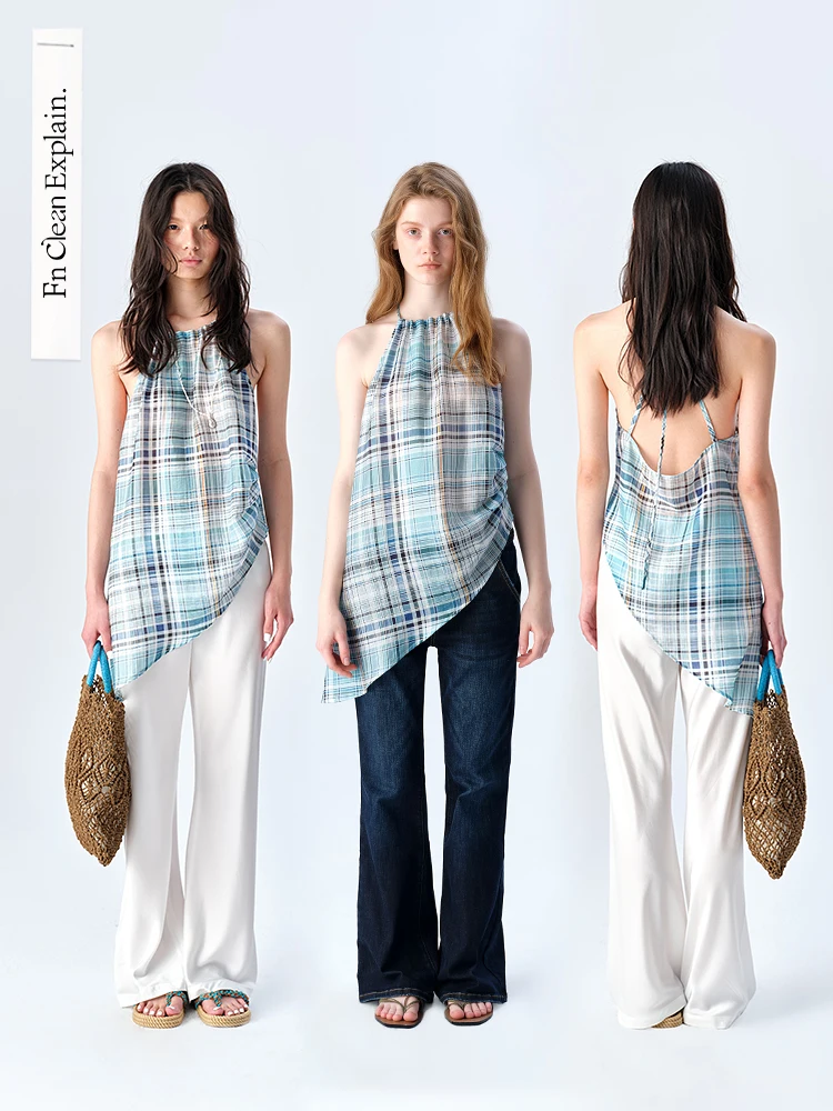 

Асимметричный женский летний топ из нелоновой соли и перца и мятного цвета с тонкими бретелями, жилет прямого кроя, ультралегкая длина миди с рюшами по подолу