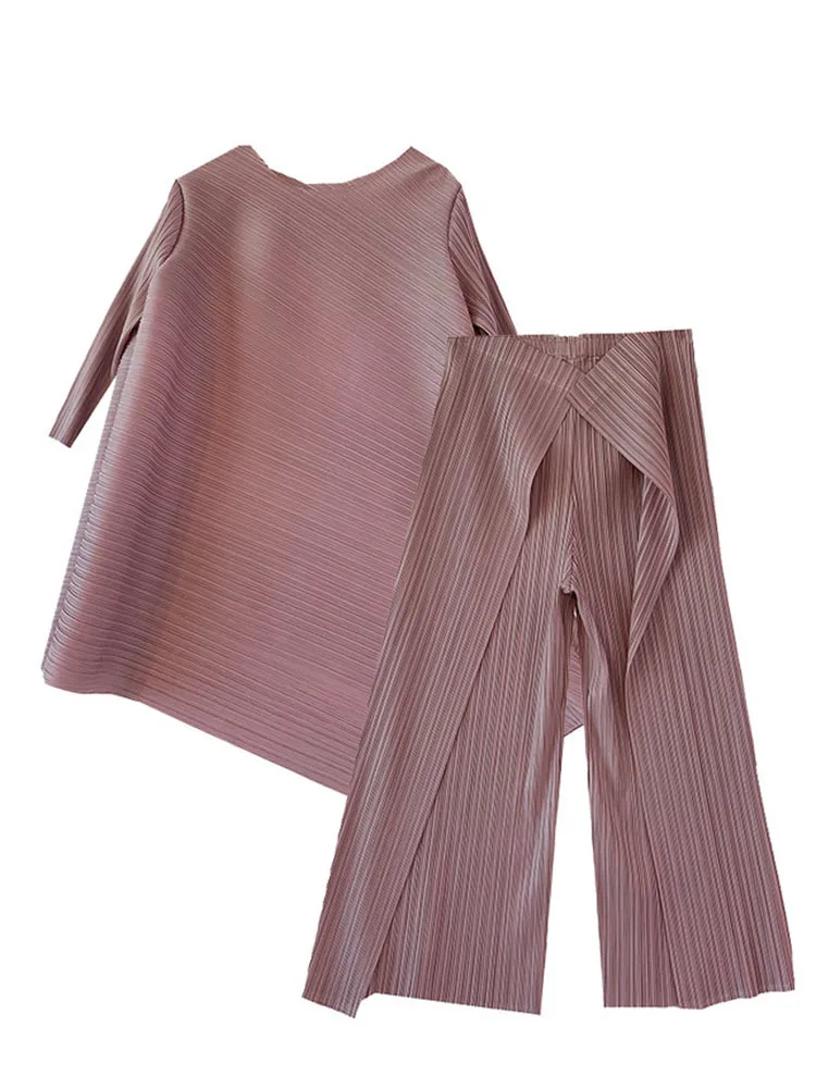 LANMREM Two Pieces Pleated Sets For Women 2024 Spring Long Loose Top With Wide Leg Pants Female Casual Sets 2M299