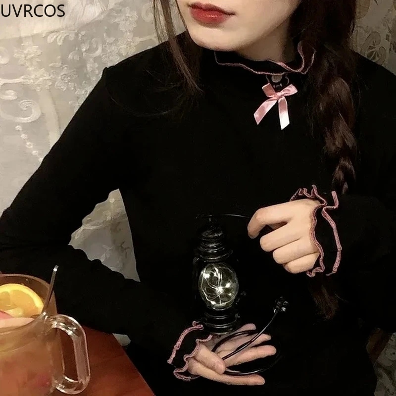 Japan Cute Long Sleeve T-shirts Women Sweet Rabbit Embroidery Ruffle Turtleneck Slim Tops Girly Autumn Winter Chic Y2k Basic Tee