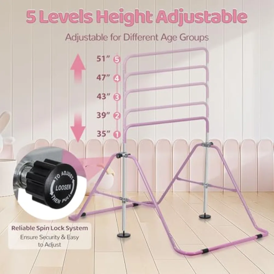 Home gymnastics equipment: height-adjustable folding horizontal kip bar for kids steel construction blue finish space-saving de