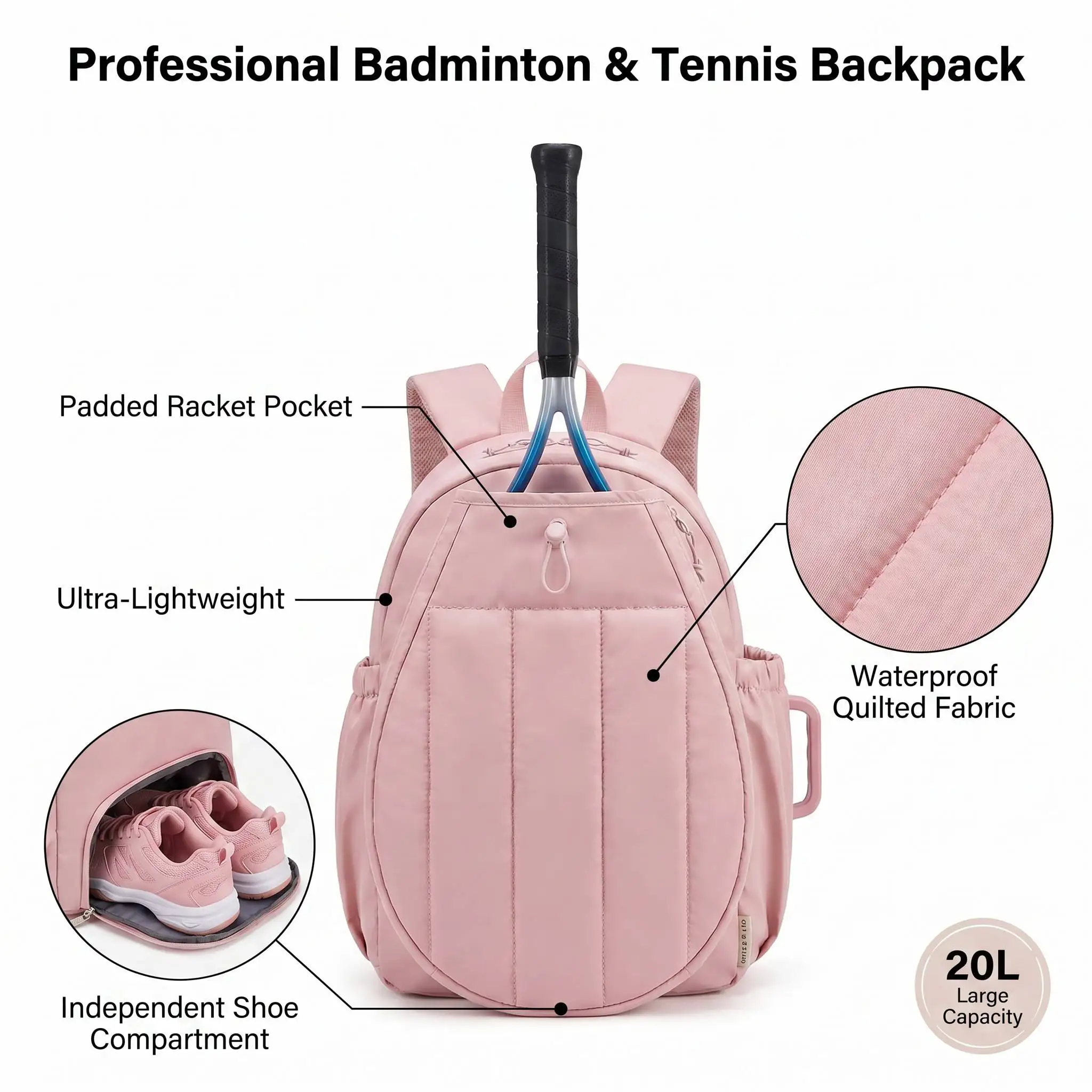 

Tennis Backpack Racket Bag 20L Large Capacity for Women Badminton Pickleball Racket Holder with Shoe Compartment Water Bottle Po