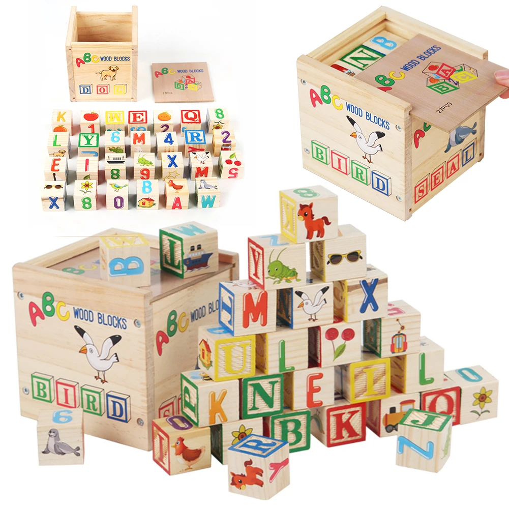 ABC Wooden Building Blocks 27Pcs Alphabet & Number Stacking Blocks Montessori Toys for Toddlers 1-3 for Boys Girls Kids Gifts