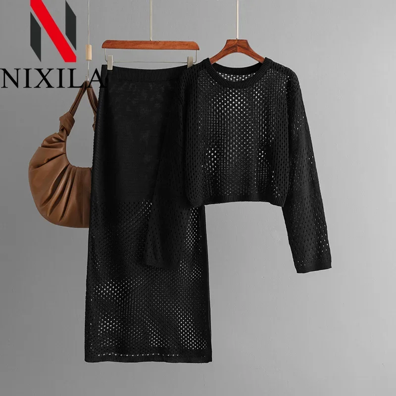Primavera Autunno Maglia Hollow Pullover Abito alla moda Set da due pezzi Abiti da donna Elegante ufficio Top a maniche lunghe Set di gonne