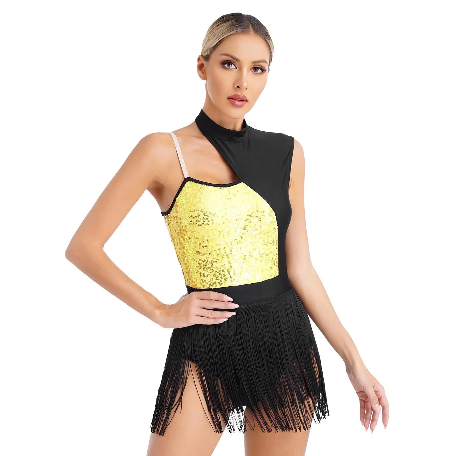 Costumi da spettacolo di danza del Tango latino da donna body senza maniche con ritaglio paillettes lucide body con frange Patchwork di colore a contrasto